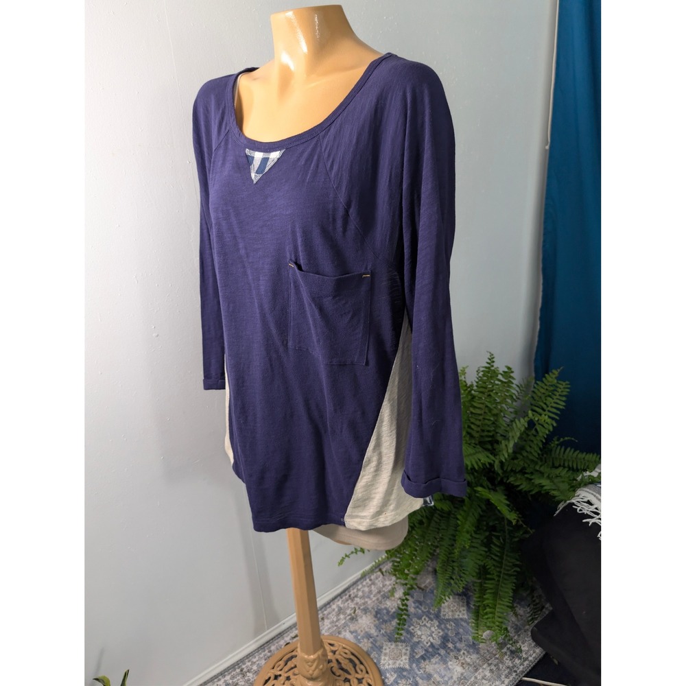 Little‎ Yellow Button Top Women XL Blue Mixed Media Gingham Raglan Anthropologie